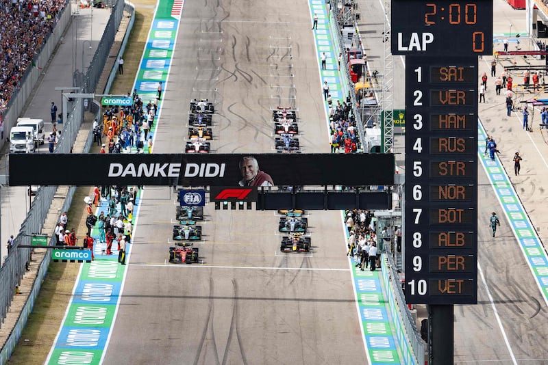 A sign reading 'Danke Didi' (thank you Didi) is posted in memory of founder and Red Bull team owner Dietrich Mateschitz at the Circuit of the Americas in Austin, Texas. Photograph: Jim Watson/Getty Images