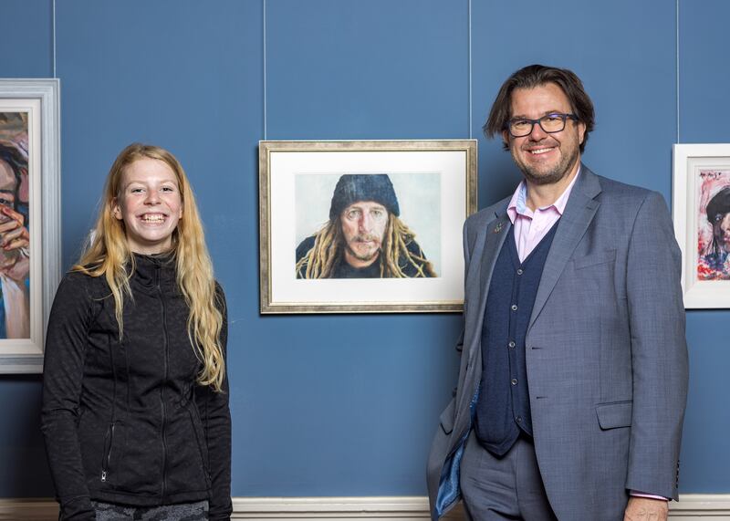 Della Cowper-Gray, winner of the 2021 Zurich Young Portrait Prize and Neil Freshwater. CEO, Zurich. Photo Abe Neihum