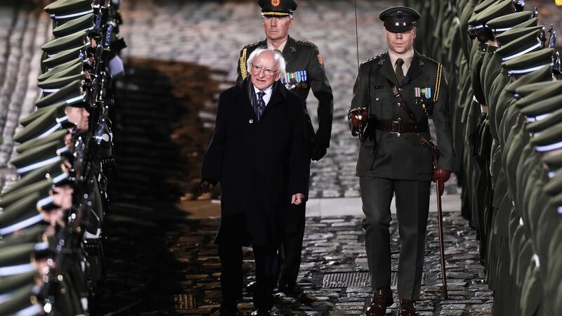 Michael D Higgins inspects the guard of honour following his inauguration ceremony at Dublin Castle. Photograph: Maxwells/PA Wire