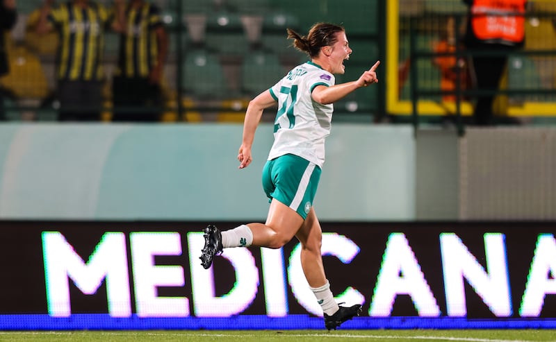 Ireland’s Emily Murphy celebrates scoring the winner against Turkey. Photograph: Ryan Byrne/Inpho
