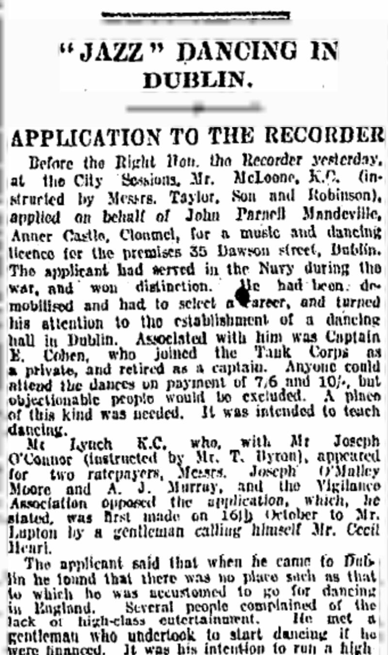 The news story on the application for a jazz club to be opened on Dawson Street in November 1919.