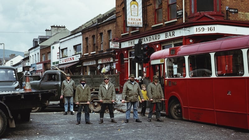 Masked members of the  Ulster Defence Association (UDA) man a barricade on the Shankill Road in Belfast, June 1972. Tartan gang members would add muscle to  the  Ulster Workers’ Council strike which brought down the power-sharing executive in May 1974. Photograph: David Lomax/ Keystone/ Hulton Archive/ Getty Images
