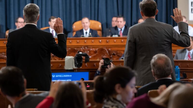US ambassador to Ukraine William Taylor  and deputy assistant secretary overseeing European affairs George Kent are sworn-in prior to testifying during the first public hearings held by the House impeachment inquiry into US president Donald Trump on Capitol Hill in Washington, DC. Photograph: Saul Loeb/AFP via Getty Images