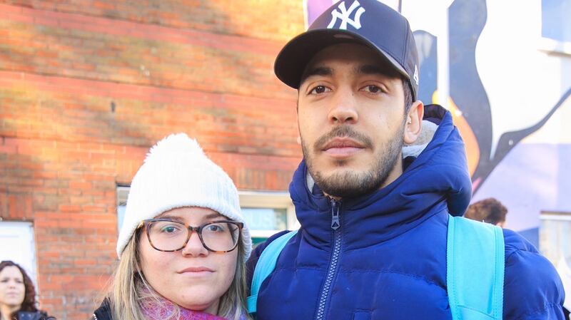 Students at Grafton College, Portobello, Dublin –  Caroline Prado (left) and Wanderley Soares, both from Sao Paulo, Brazil – have been told the college will have no classes for the foreseeable future. Photograph: Gareth Chaney/Collins