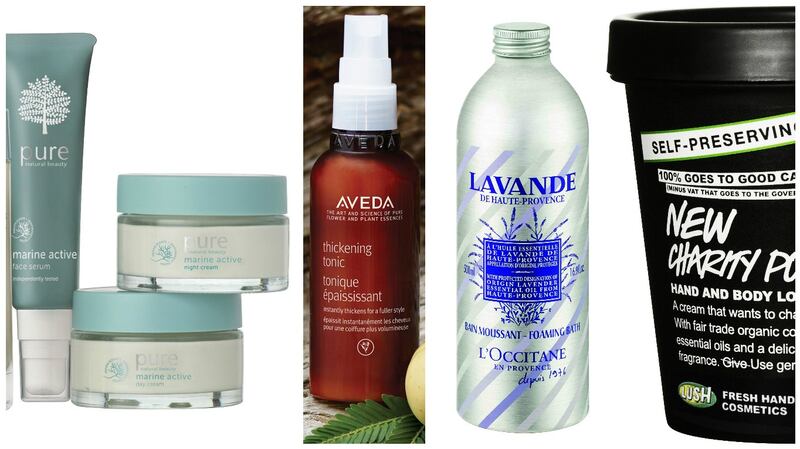 Pure Marine Active Active Night Cream (€23); Aveda Thickening Tonic (€23); L’Occitane Lavender Foaming Bath (€23 from July); Lush Charity Pot Hand and Body Lotion (€8.95)
