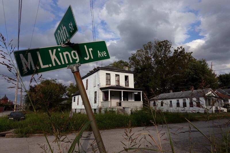 A row of abandoned homes sit along a residential street in Cairo, Illinois. Photograph: Scott Olson/Getty Images