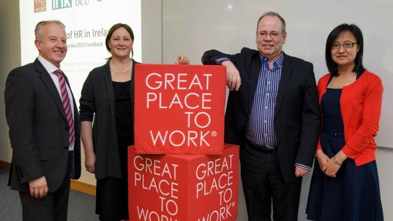 John Ryan, CEO of Great Place to Work, Dr Anne Sinnott, executive dean at DCU Business School, Prof Patrick Flood, professor of organisational behaviour DCU Business School and Dr Na Fu, lecturer in human resources management at NUI Maynooth
