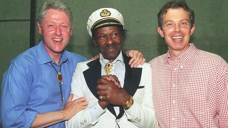 Former US president Bill Clinton  and former  British prime minister Tony Blair  with  Chuck Berry  after the Summit of the Eight meetings in Morrison, Colorado  in 1997. Photograph:AFP/Getty Images