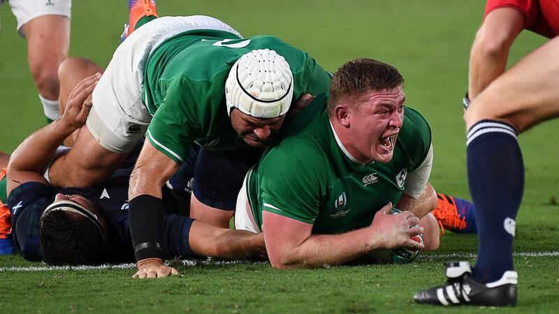 Tadhg Furlong celebrates his try against Scotland. Photograph: Charly Triballeau/AFP/Getty