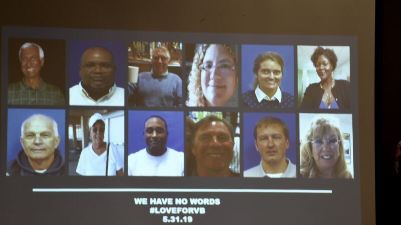 A slide showing the victims in the  mass shooting at Virginia Beach, Virginia, on May 31st.  Photograph: Getty/AFP