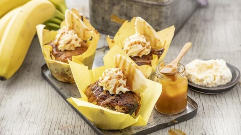 Banana muffins with toffee sauce and whipped cream. Photograph: Harry Weir Photography