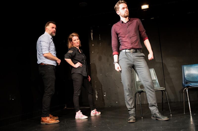 Made up: Emma Somers with coach Neil Curran and fellow performer Andrei Callanan for her first improv performance in front of an audience. Photograph: Dean Ben Ayre