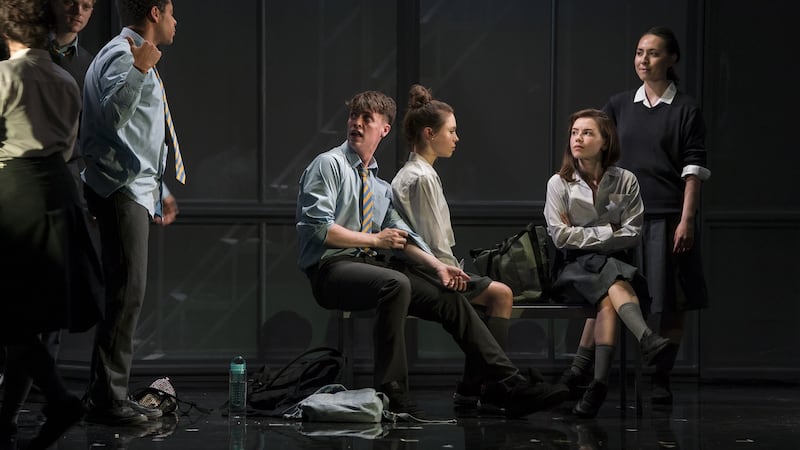 Kwaku Fortune (Eli), Darragh Shannon (Dylan), Venetia Bowe (Zoe), Lauren Coe (Emma), Sile Maguire (Ali)  in Lousie O’Neill’s ‘Asking for It’. Photograph: Patrick Redmond