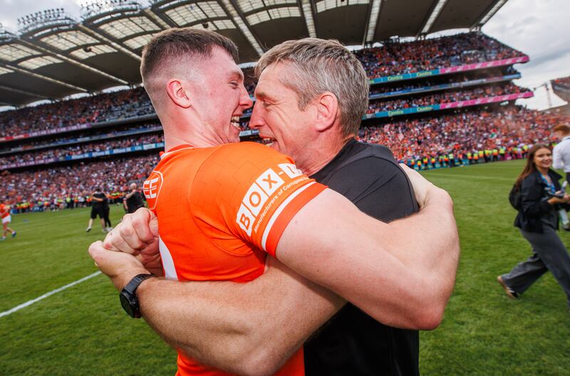 Armagh manager Kieran McGeeney celebrates at the full-time whistle with Oisín Conaty. Photograph: Tom Maher/Inpho
