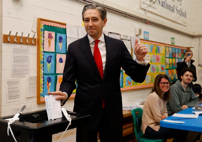 Taoiseach Simon Harris casts his vote early on Frida morning. Photograph: Nick Bradshaw/The Irish Times