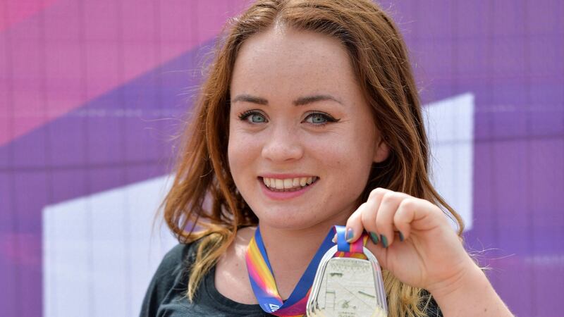Niamh McCarthy with her silver medal in the 2017 Para Athletics World Championships Day 3 at the Olympic Stadium in London. Photograph:  Luc Percival/Sportsfile