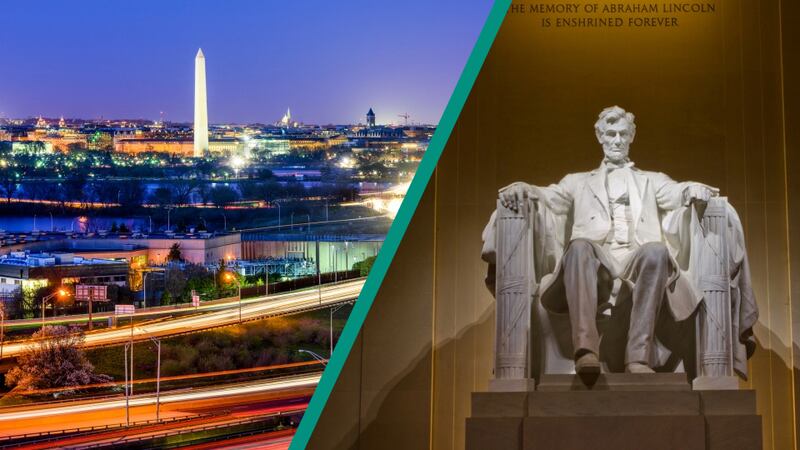 The Lincoln Memorial and the Washington DC cityscape at night