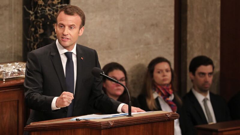 France’s president Emmanuel Macron addressees a joint meeting of Congress in Washington, DC on Wednesday. Photograph: Ludovic Marin/AFP/Getty Images