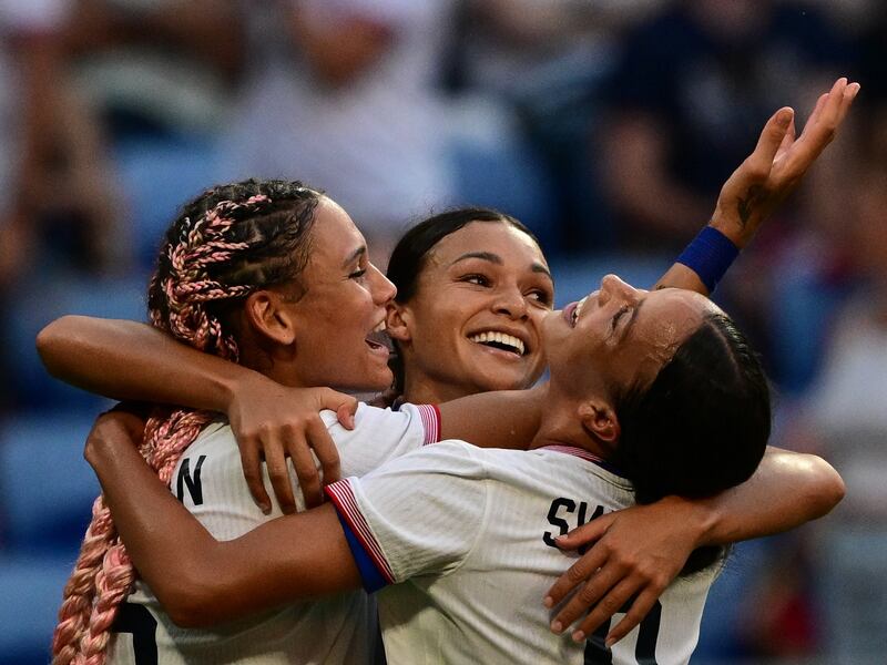 Sophia Smith (centre) found a burst of pace to score the USA's winner against Germany in extra-time. Photograph: AFP via Getty Images