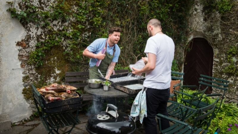 Chefs Robin Gill (in blue) and Richard Falk from The Dairy in Clapham prepping for their popu up lunch at Ballymaloe House at Litfest today