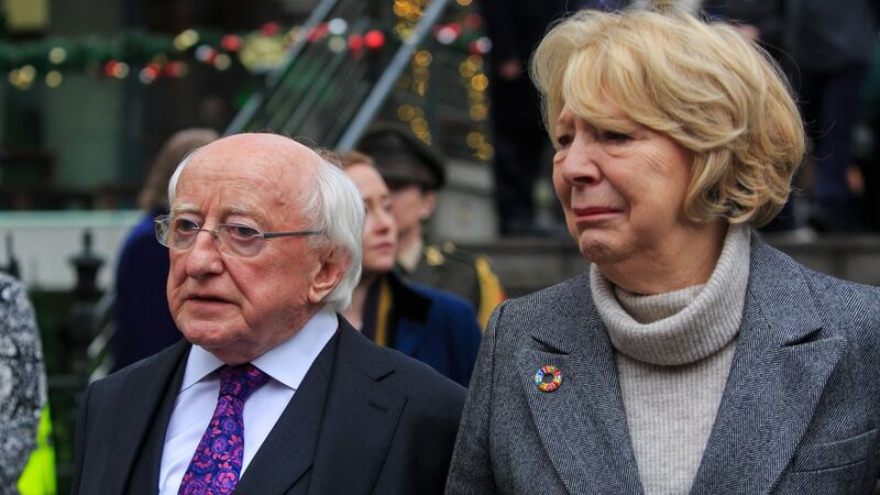 President of Ireland Michael D Higgins and his  wife Sabina during the funeral at the Mansion house, Dublin. Photograph: Gareth Chaney/Collins