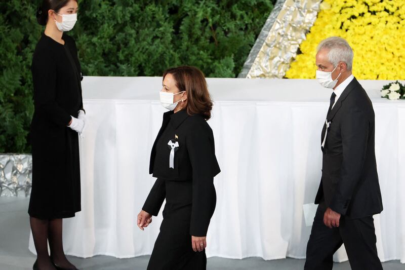 US vice-president Kamala Harris and US ambassador to Japan Rahm Emanuel pay their respects to former Japanese prime minister Shinzo Abe. Photograph: Takashi Aoyama/AFP