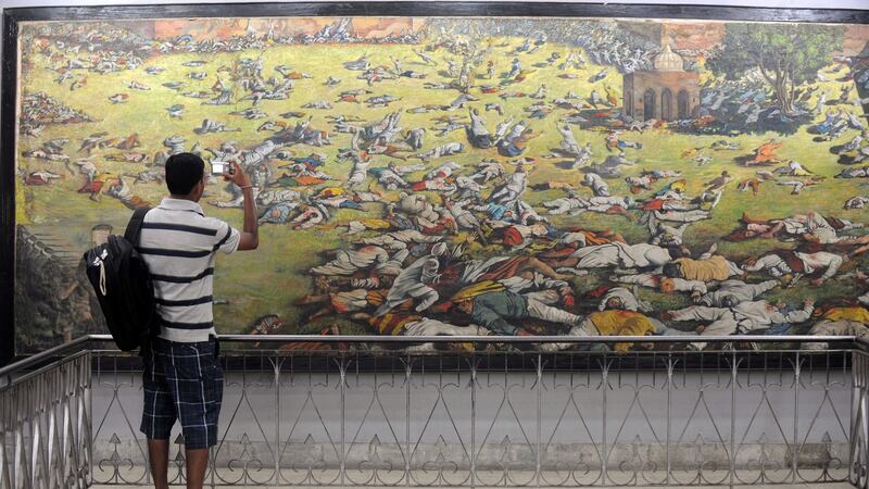 A painting depicting the  Amritsar  massacre of April 13th, 1919 when British  soldiers shot dead at least 379 unarmed protesters. Photograph: Getty Images