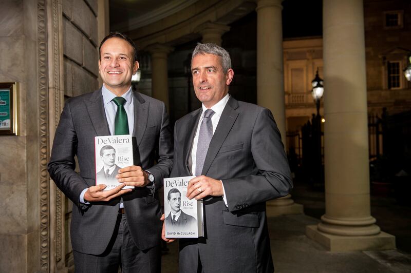 Former taoiseach Leo Varadkar with David McCullagh during the launch of the broadcaster's book De Valera (Vol 1), in 2017. Photograph: Brenda Fitzsimons/The Irish Times