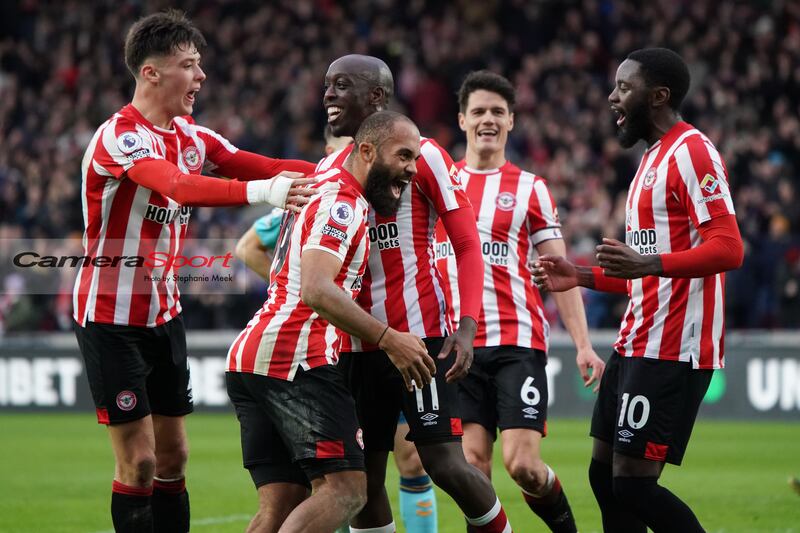 Bee team: Brentford's Bryan Mbeumo celebrates scoring his side's second goal agaisnt Southampton with team-mates Yoane Wissa, Josh Dasilva. Photograph: Stephanie Meek/CameraSport via Getty Images