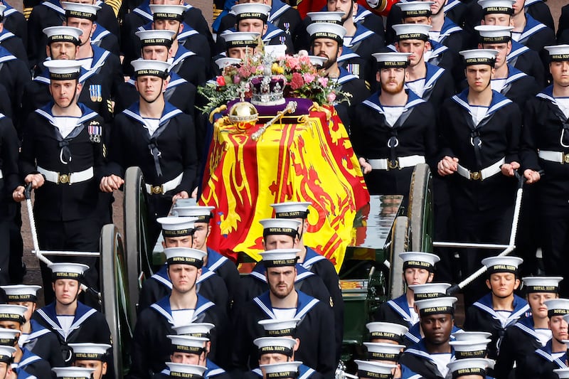 Royal funeral: Queen Elizabeth's cortege on the Mall, in London. Photograph: Chip Somodevilla/Pool/AFP via Getty