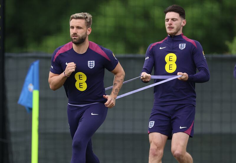 England's Luke Shaw and Declan Rice in training ahead of their clash with Switzerland. Photograph: Richard Pelham/Getty Images