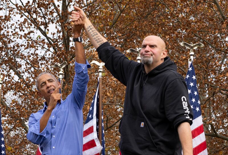 Former US president Barack Obama campaigns with Democratic candidate John Fetterman in Pittsburgh. Photograph: Ruth Fremson/The New York Times