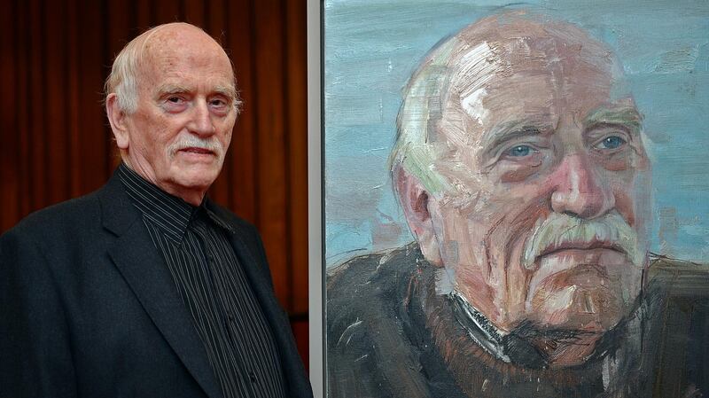 The writer Thomas Kilroy, with his portrait by artist Colin Davidson, which was unveiled at a reception in the Abbey Theatre, Dublin, to mark his 80th birthday. Photograph: Eric Luke