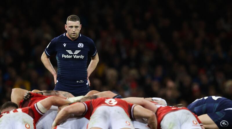 Scotland's outhalf Finn Russell looks over a scrum during the Six Nations match against Wales at the Principality Stadium in Cardiff. Photograph: Adrian Dennis/AFP via Getty Images