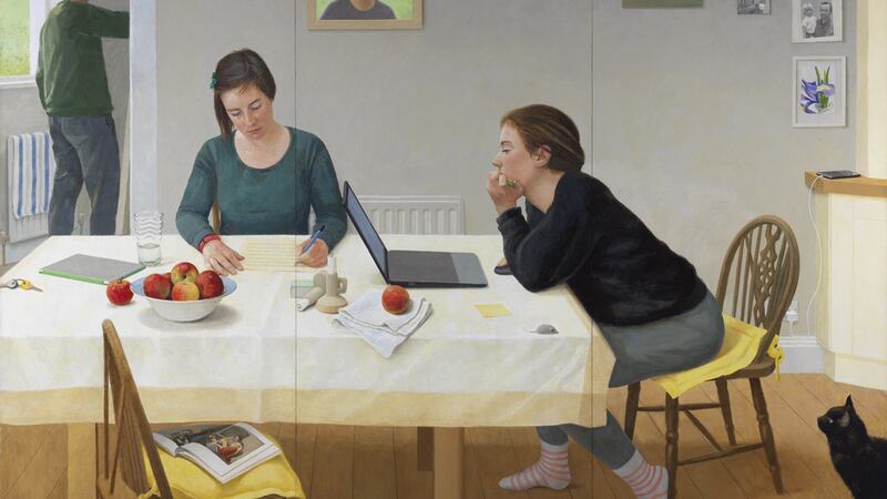 Joe Dunne (b.1957), And Their World of Far and Near Things, 2019, Egg/oil tempera on canvas, 160 x 240 cm.  Photograph: Roy Hewson/National Gallery of Ireland