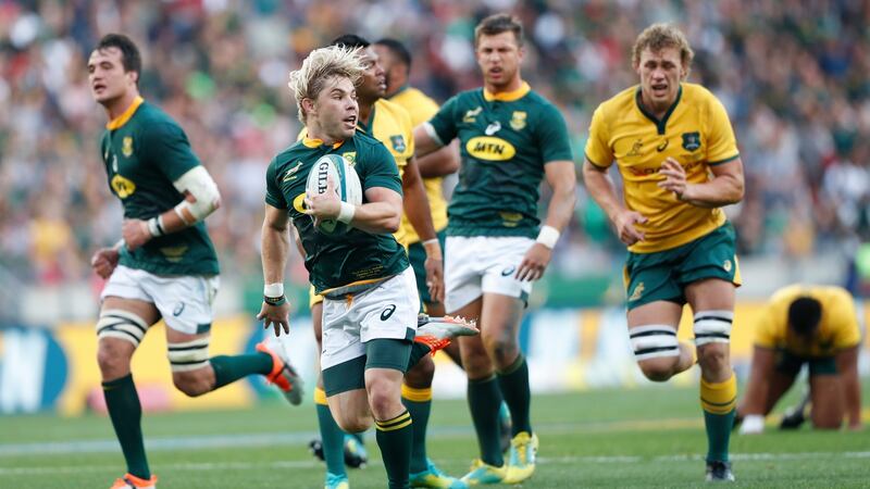 Faf de Klerk makes a break to score a try. Photograph: EPA