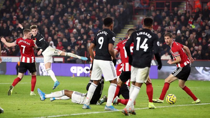 Manchester United’s Brandon Williams  scores his side’s first goal during  the Premier League match against Manchester United at Bramall Lane. Photograph: Danny Lawson/PA Wire