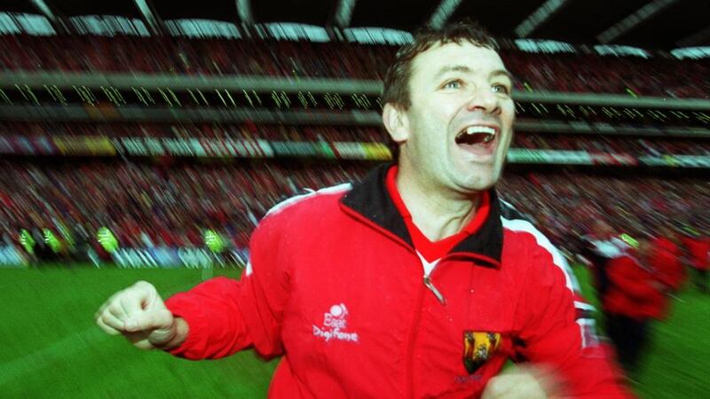 Cork manager Jimmy Barry-Murphy celebrates his young side's victory over Kilkenny in the 1999 All-Ireland hurling final. Photo: Tom Honan/Inpho