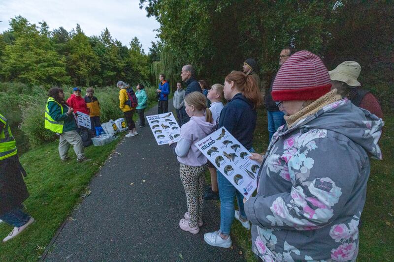 Sonya Moore, Anna Collins and Caroline Whelan from the Kildare Bat Group help people spot the different bats at the Bats and Rooks Walk in Portlaoise Town Park for Heritage Week. Photograph: Alf Harvey.