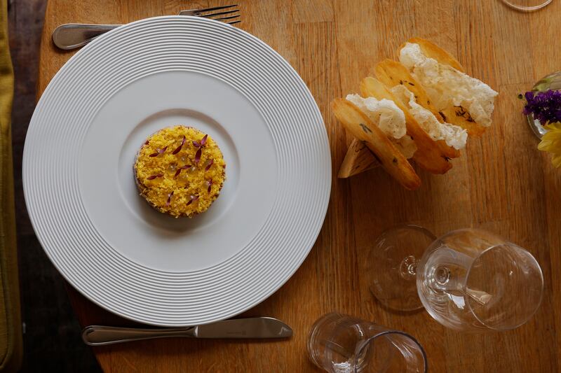 Dry Aged Beef Tartar with smoked marrow cured yolk beef tendon at Locks. Photograph: Alan Betson
