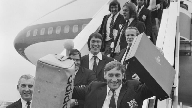 British Lions skipper Willie John McBride is the first off the plane at Heathrow Airport, at the end of a successful tour of South Africa in 1974. Photograph: Getty Images