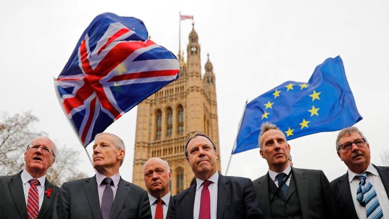 Enthusiastic leavers: Nigel Dodds with fellow DUP MPs at Westminster during the British government’s Brexit negotiations in December 2017. Photograph: Tolga Akmen/AFP/Getty