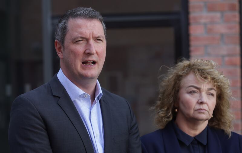 Sinn Féin MP John Finucane and party colleague Carál Ní Chuilín MLA on Tuesday after hosting a meeting at Girdwood Community Hub in response to violent incidents in north Belfast. Photograph: Pacemaker
