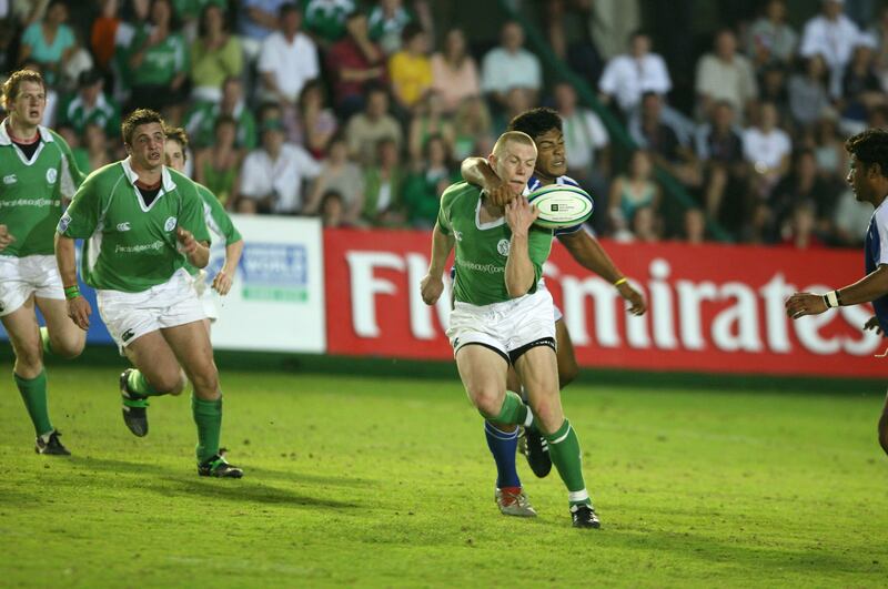 Richard Muagututia of Samoa tackles Ireland's Keith Earls during the under-19 World Championships in Sharjah, UAE in April, 2006.