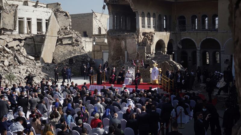Pope Francis attends a ceremony at Church Square of Hosh al-Bieaa in Mosul, Iraq on March 7th. Photo by Osama Al Maqdoni/Anadolu Agency via Getty Images