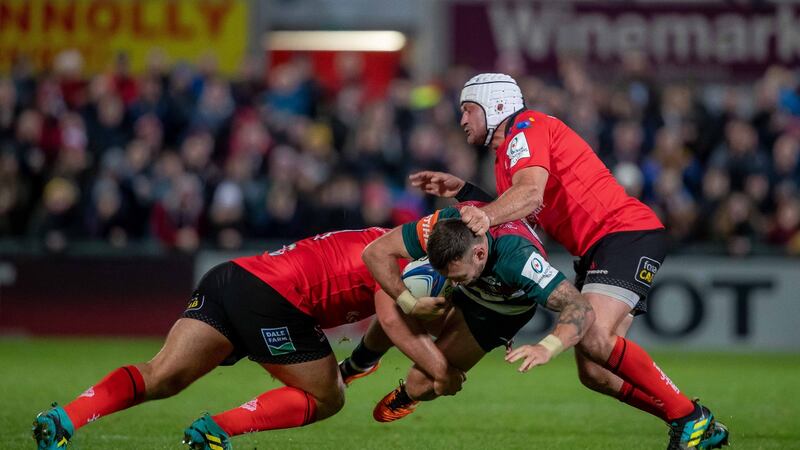 Ulster’s Eric O’Sullivan and Rory Best tackle  Adam Thompstone of Leicester during the Heineken Champions Cup match  at Kingspan stadium. Photograph: Morgan Treacy/Inpho