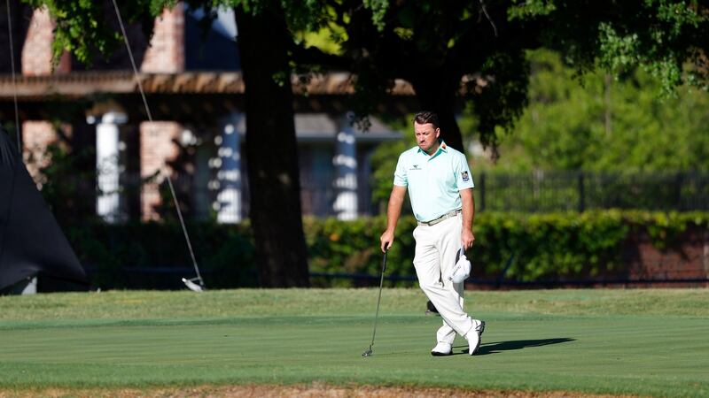 Graeme McDowell takes part in a moment of silence in place of the 8:46 tee time to honour George Floyd during the first round of the Charles Schwab Challenge  at Colonial Country Club in Fort Worth, Texas. Photograph: Ronald Martinez/Getty Images