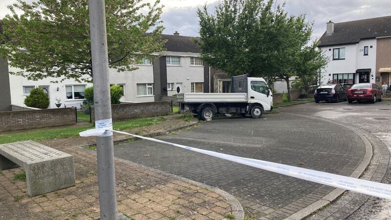The scene in Ballymun where a middle-aged woman was fatally injured on Tuesday afternoon. Photograph: Mark Hilliard