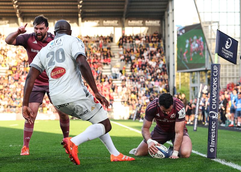 Investec Champions Cup Round of 16, Stade Marcel Deflandre: Munster's Diarmuid Barron celebrates as Andrew Smith scores their side's third try against La Rochelle. Photograph: Ben Brady/Inpho
