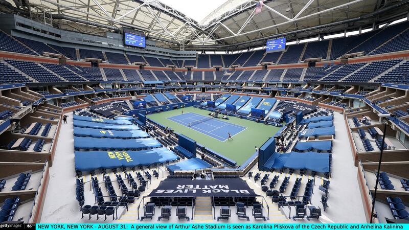 A general view of Arthur Ashe Stadium  as Karolina Pliskova of the Czech Republic takes on Anhelina Kalinina of the Ukraine during their  first-round match at the US Open. Photograph: Al Bello/Getty Images